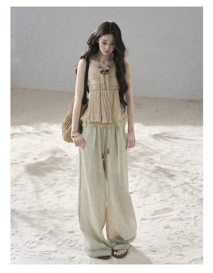 "Follow the Sea Breeze" Lightweight Straight-Leg Wide-Leg Pants (Lotus Pink/ Gray Sage Green/ Gray Blue)