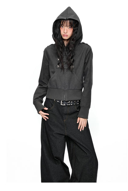 EZEK | Cropped Hooded Sweatshirt Jacket with Double Metal Snap Closure (Black / Gray)