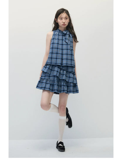 Blue Plaid Sleeveless Tiered Midi Dress with Ruffle Trim