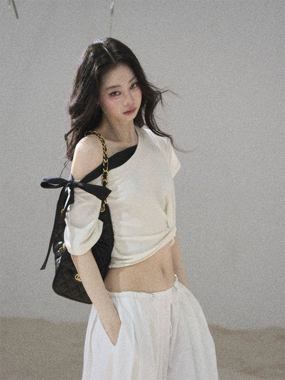 "Moonlight Upon Her" Creamy Apricot Off-Shoulder Twist Cropped T-Shirt