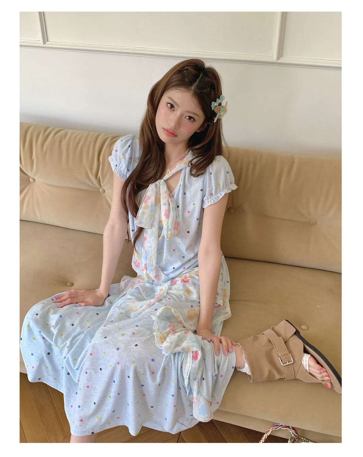 “Sea Salt Blossom Letter” Baby Blue Layered Skirt Set