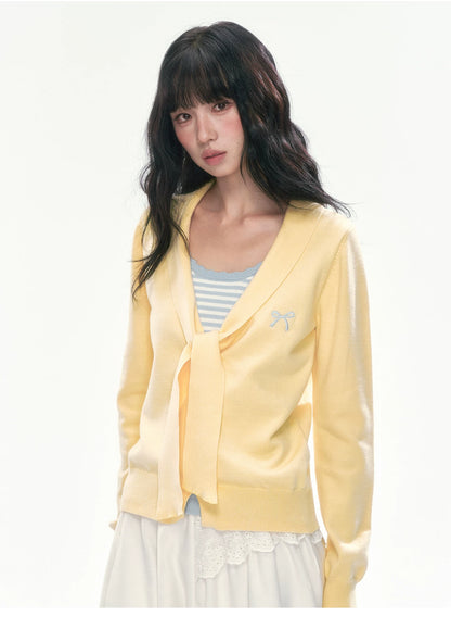 [CAN] Bow Embroidery Knit Cardigan (Blue / Yellow)