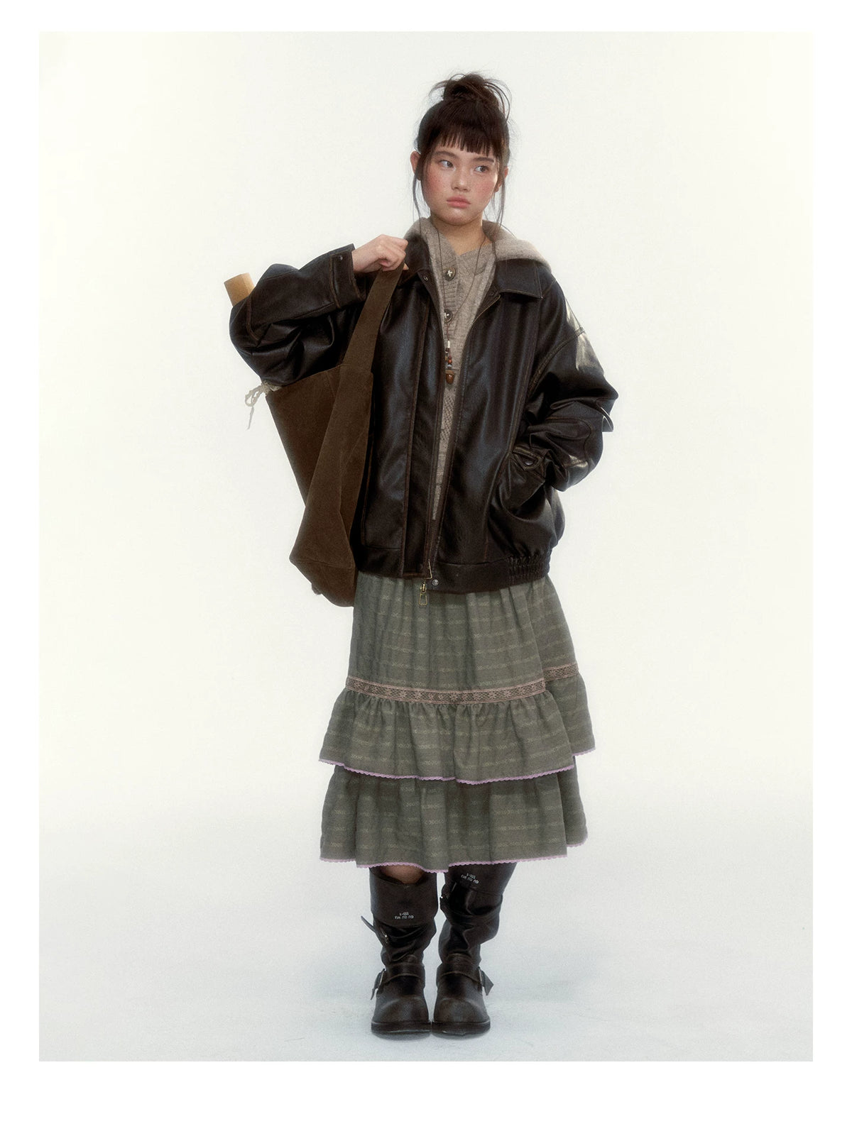 Dried Grass Green Vintage Lace Tiered A-Line Skirt