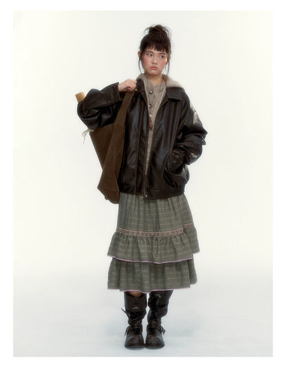 Dried Grass Green Vintage Lace Tiered A-Line Skirt