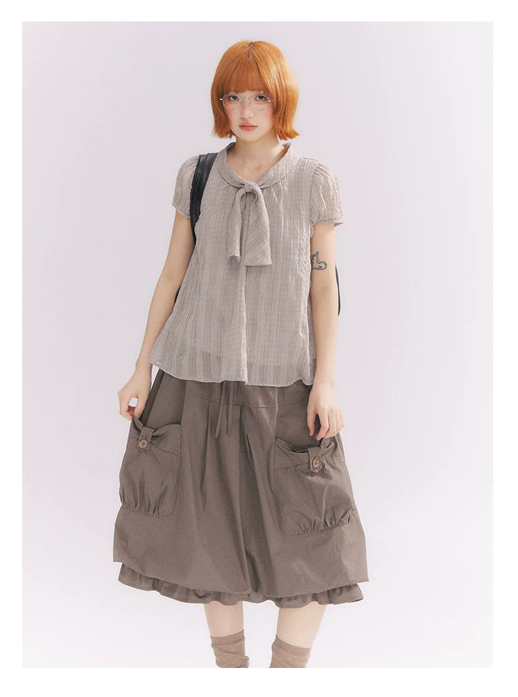 “Sweet & Cool Girl” Taupe Bow Drawstring High-Waist A-Line Cargo Skirt