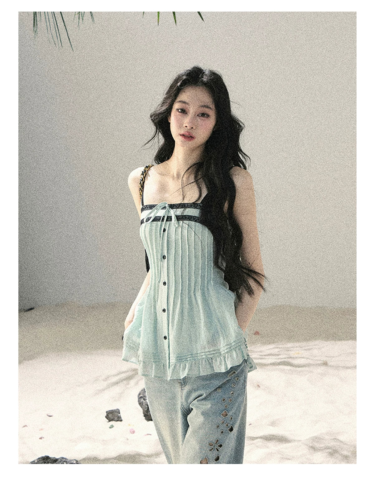 "Sea Breeze Reverie" Misty Sage Lace Off-Shoulder Ruched Top 54352131