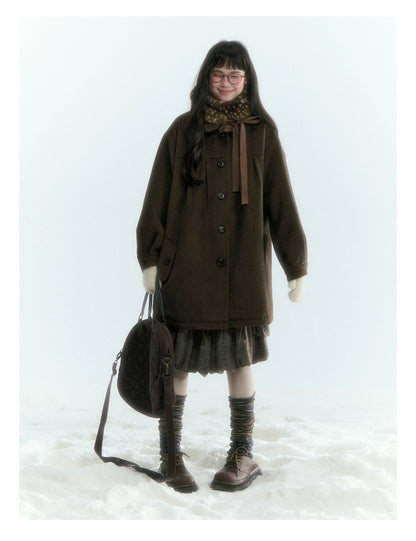 Horridale - Peter Pan Collar Pleated Mid-Length Wool-Blend Coat – Brown Coffee