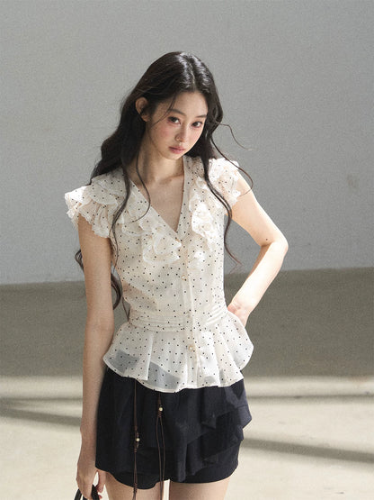 "Falling Into the Galaxy" Cream Ivory Polka Dot Chiffon Blouse