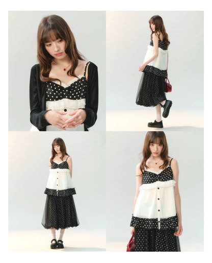"Midnight Sweet Isle" Black Polka Dot Lace Two-Piece Skirt Set LL2026208