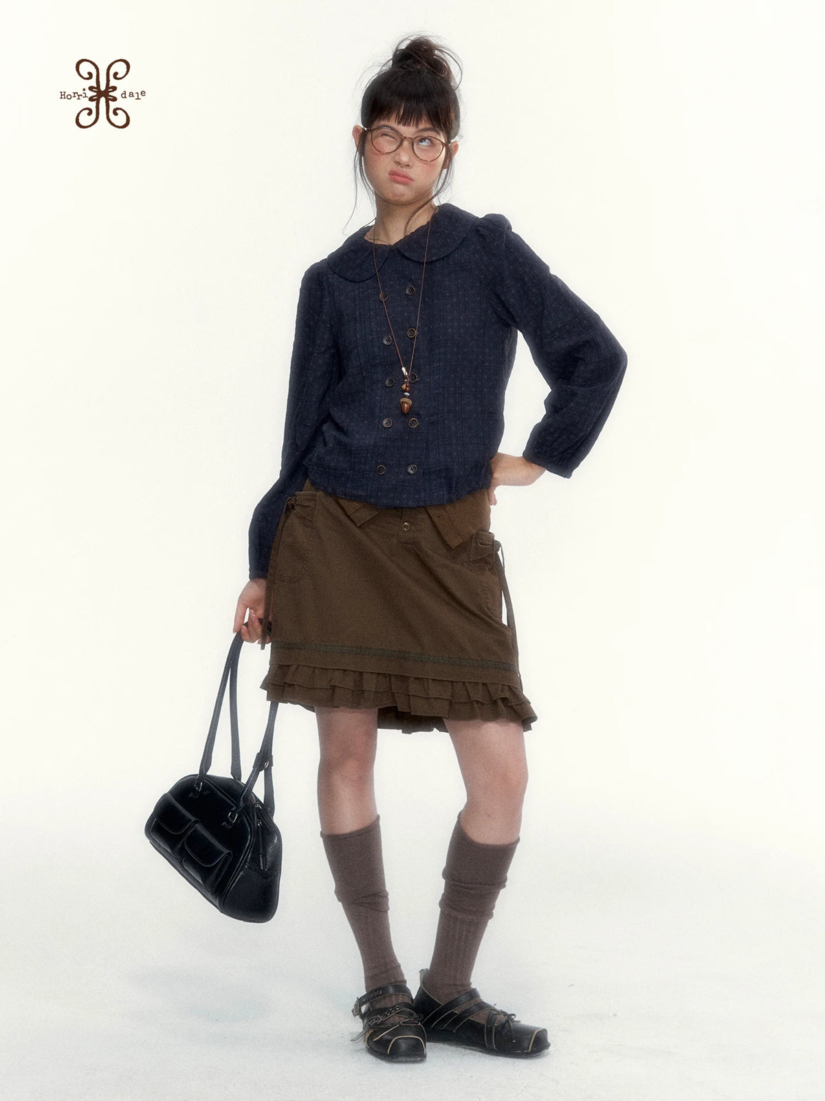 “Academy Melody” Navy Plaid & Dusty Purple Peter Pan Collar Cotton Shirt (Navy Plaid / Dusty Purple)
