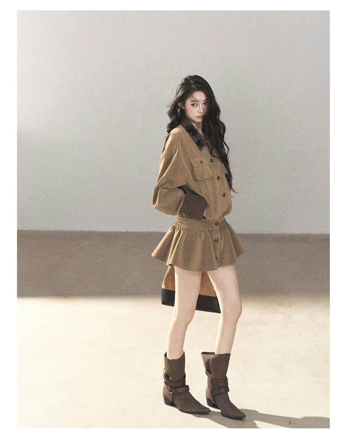 AOMALM - Gray-Brown PU Jacket and High-Waisted Shorts Set