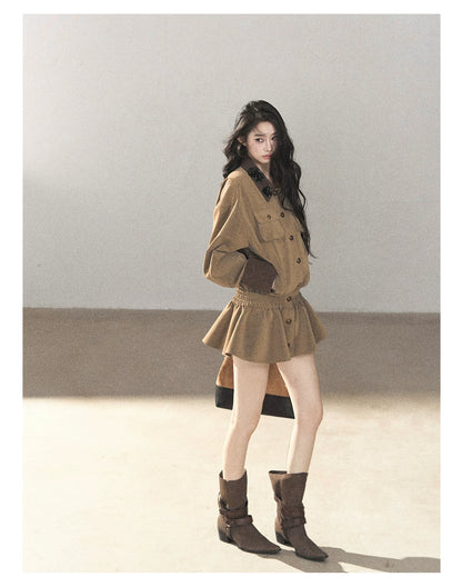 AOMALM - Gray-Brown PU Jacket and High-Waisted Shorts Set