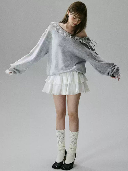 LOST FOREST - Heather Gray One-Shoulder Eyelash Lace Cotton Sweatshirt