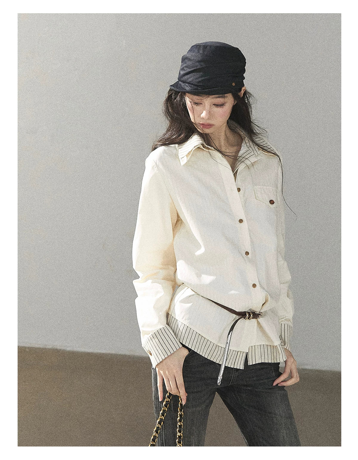 AOMALM - Cream White Stripe Belted Shirt Top