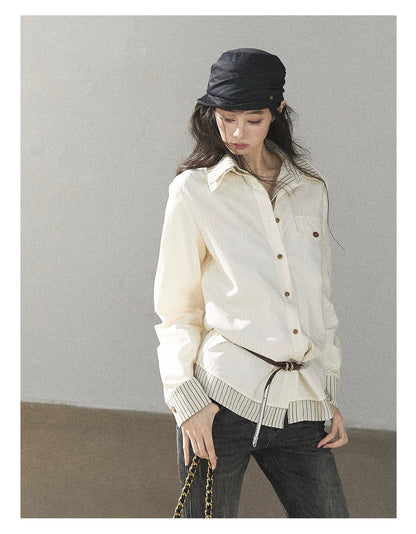 AOMALM - Cream White Stripe Belted Shirt Top