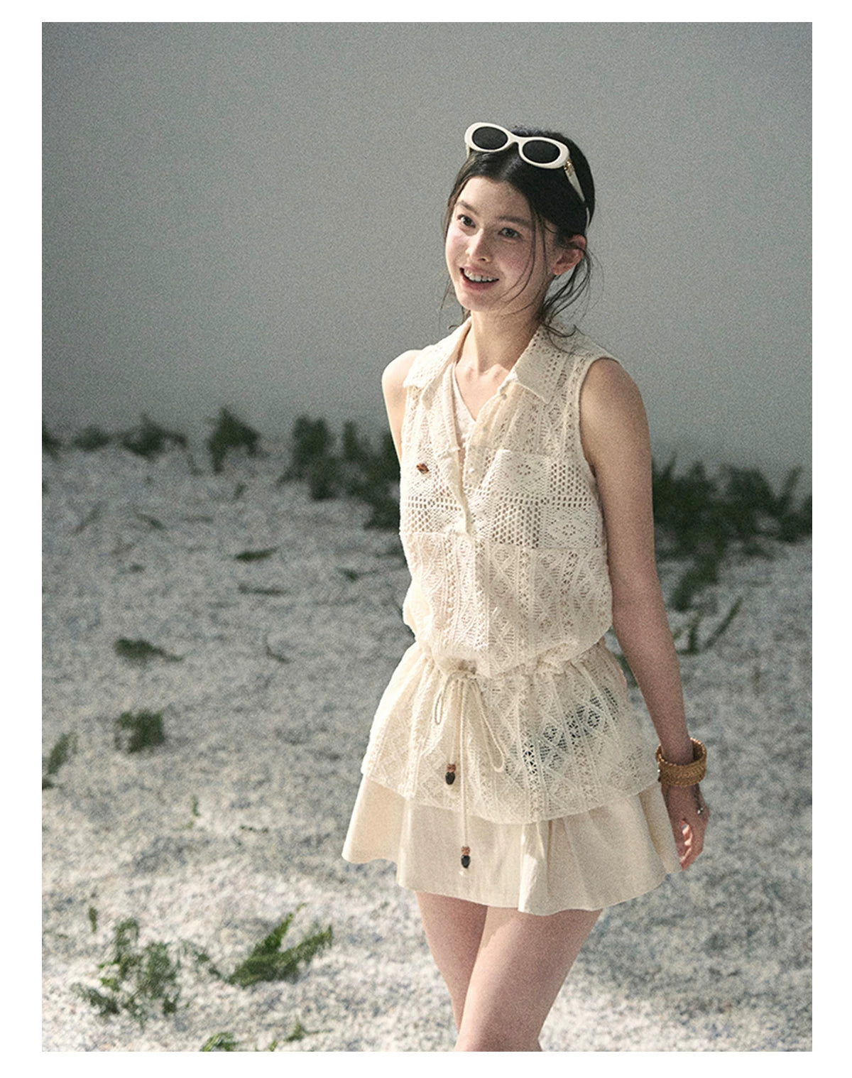 “Summer Breeze Kissing the Hem” Ivory Lace Layered Sleeveless Top