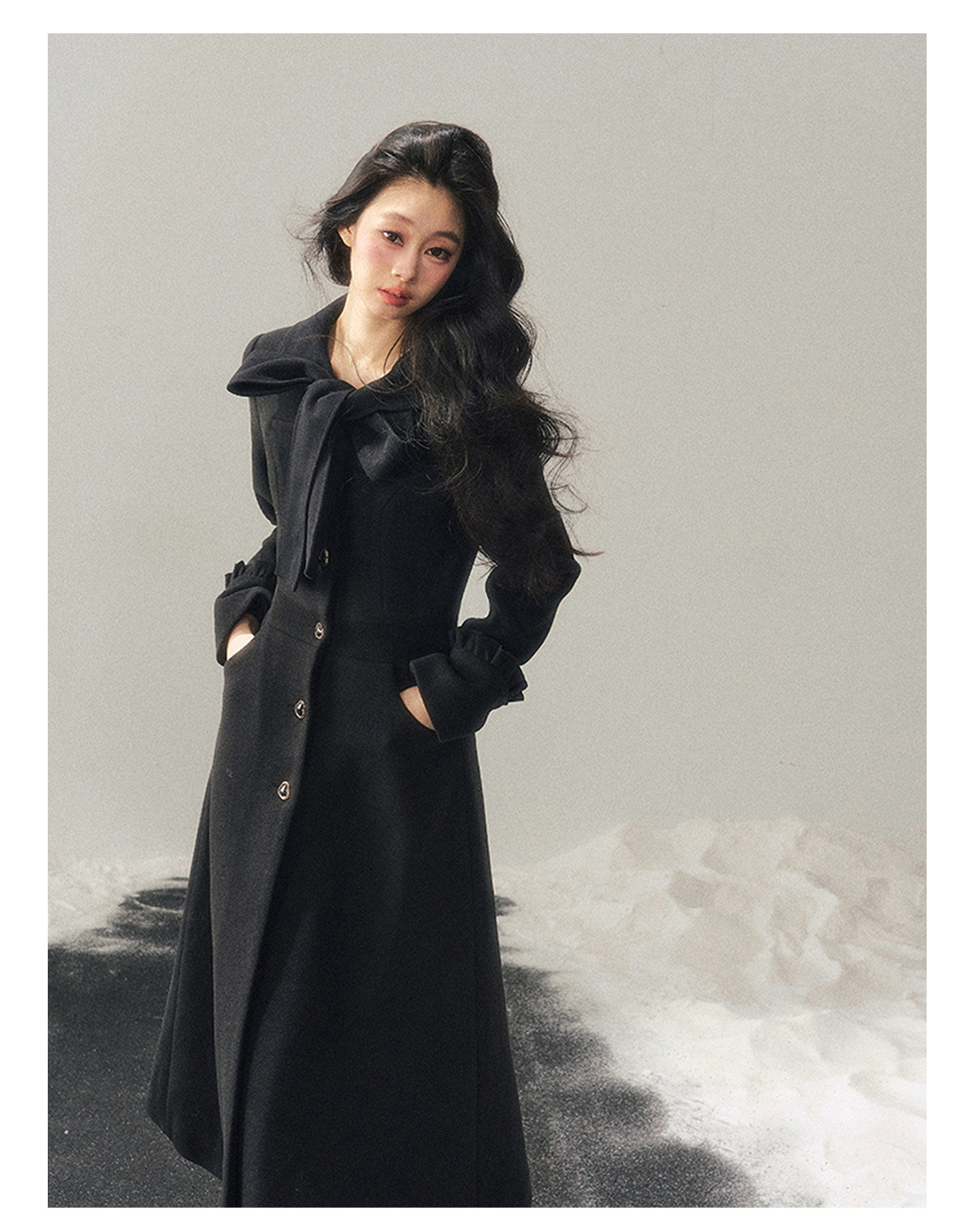 少也眼 "Snowfall Night" Wool-Blend Padded Coat – Rock Black Bow Edition