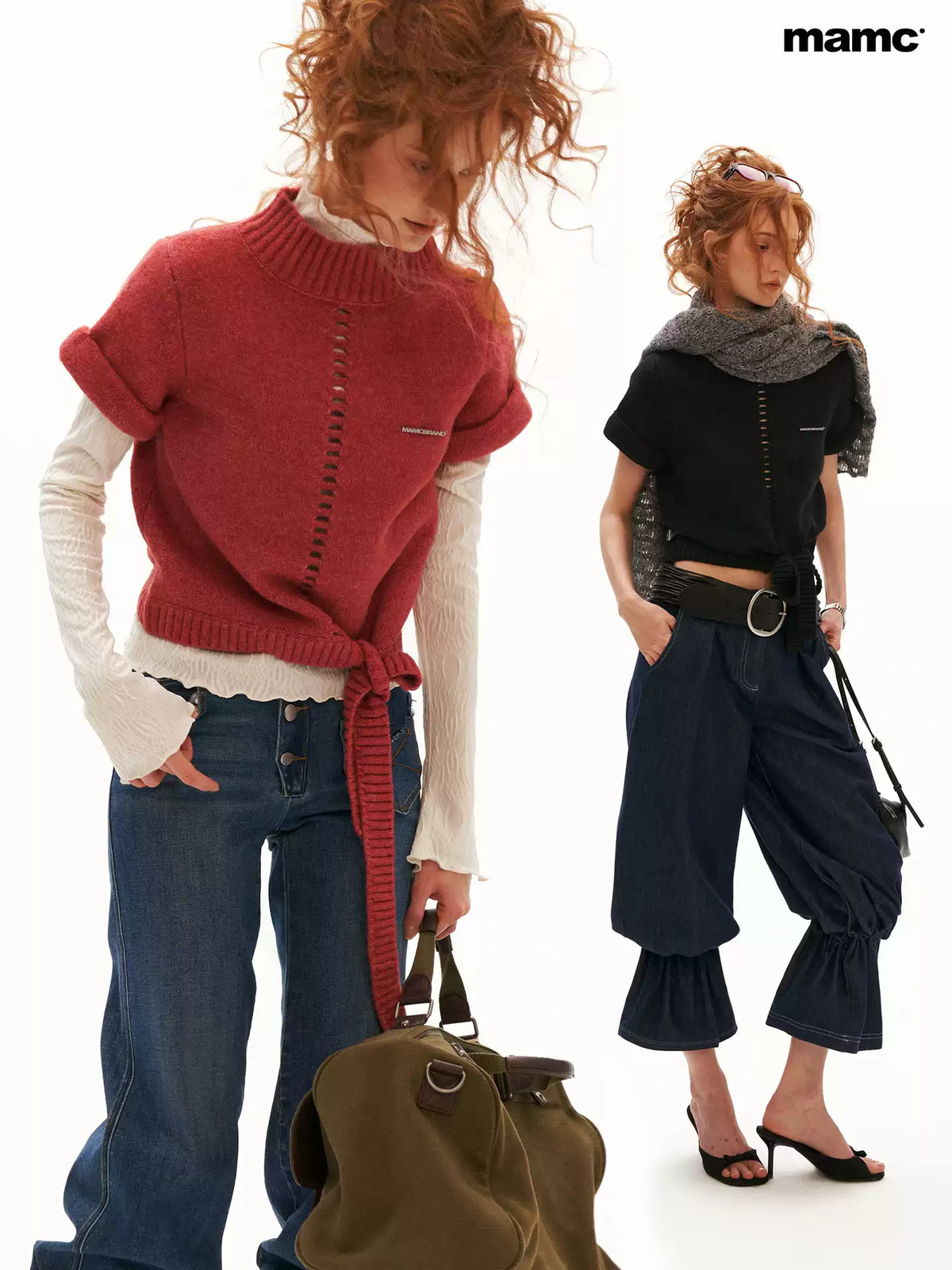 MAMC - Soft Wool-Blend Tie-Waist Cutout Knit Sweater (Red / Black)