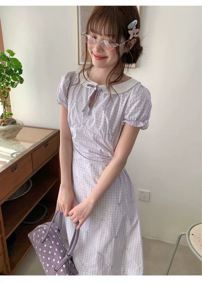 [RF] “Taro Milk Pudding” Purple Plaid Ruffle Midi Dress