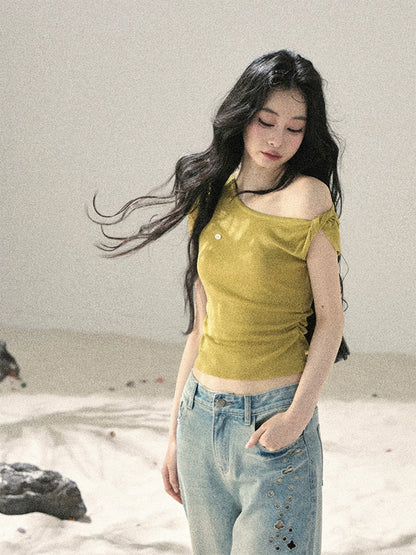 "Shape of the Wind" Forest Green One-Shoulder Twist Crop Top 6556585