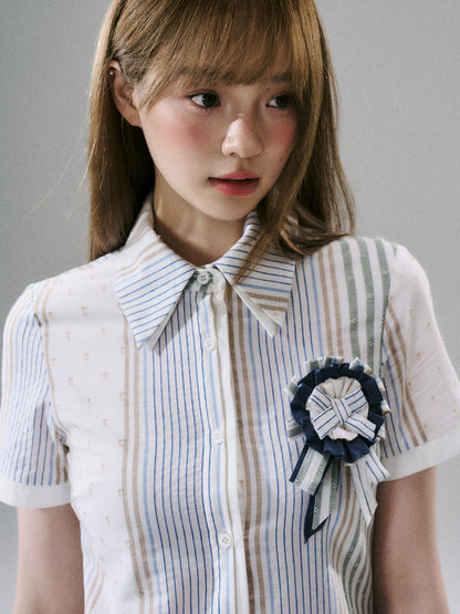 LOST FOREST - Blueberry Striped Pleated Cotton Mini Dress
