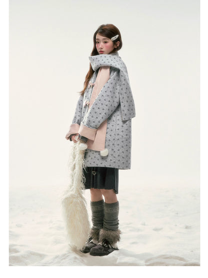 BIBIBENCY - Gray Floral Scarf-Trim Wool-Look Coat