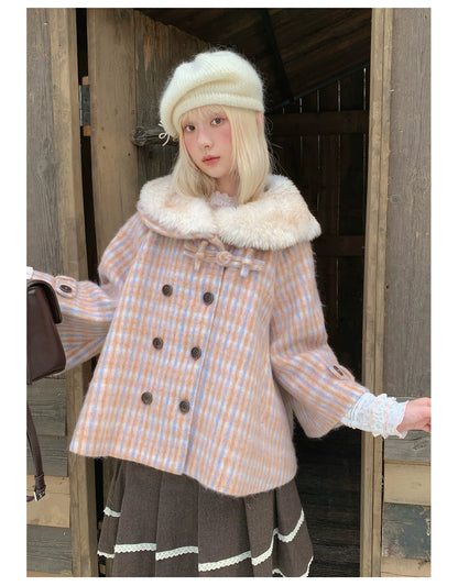RF - Orange Plaid Cropped Cape Coat with Apricot Faux Fur Collar