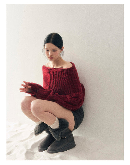 少也眼 "Crimson Glow on the Shoulders" Off-Shoulder Cable Knit Cropped Sweater