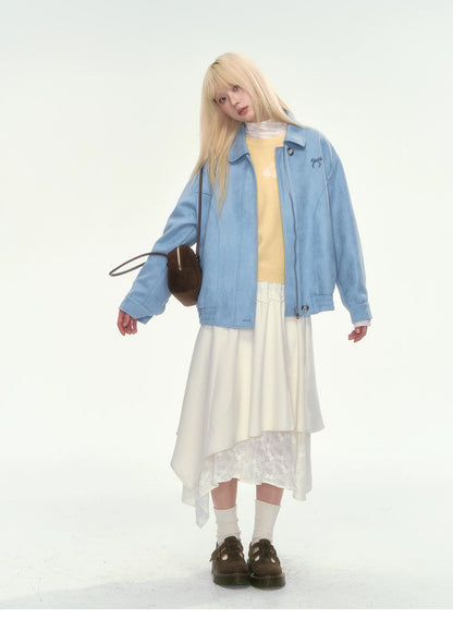 [CAN] Dusty Blue Suede Bow Embroidery Jacket