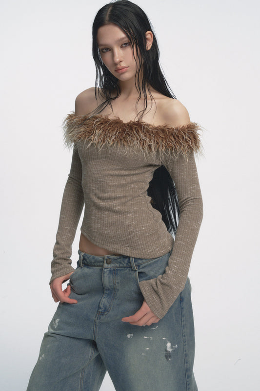 Muirgen - Feather-Trim Off-Shoulder Knit Top – Olive