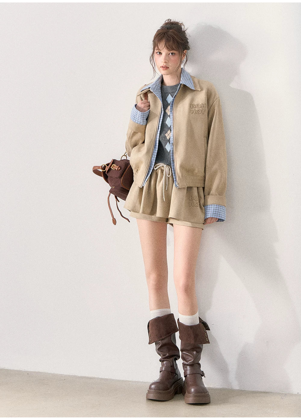 [TMMG] Light Khaki Suede Faux Two-Piece Jacket & Skirt Set