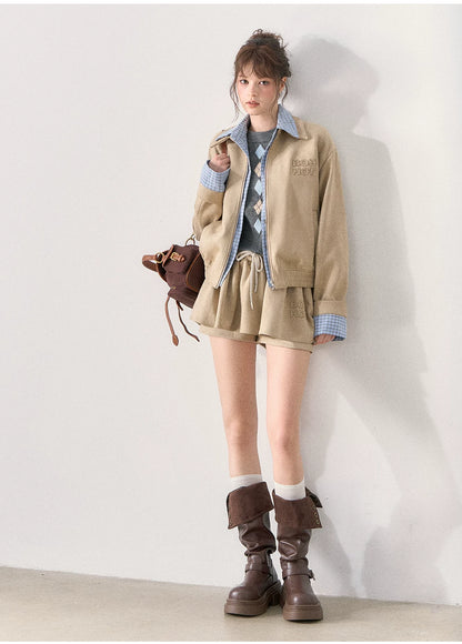[TMMG] Light Khaki Suede Faux Two-Piece Jacket & Skirt Set