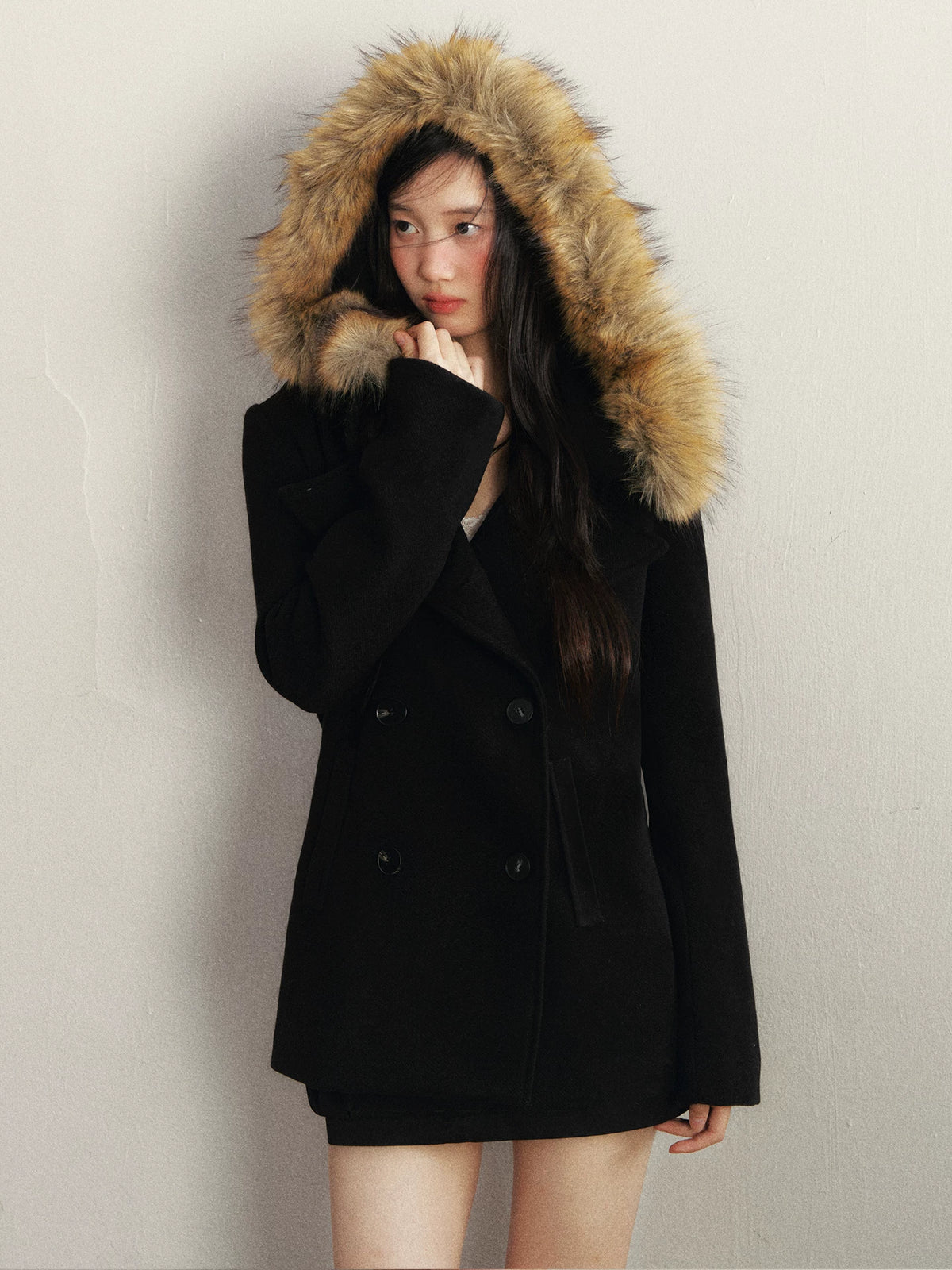 1P - Faux Fur Collar Double-Breasted Wool-Blend Coat
