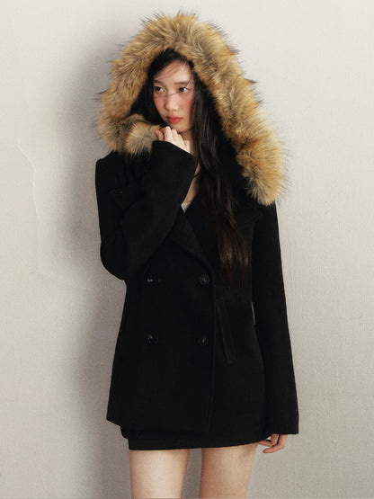 1P - Faux Fur Collar Double-Breasted Wool-Blend Coat