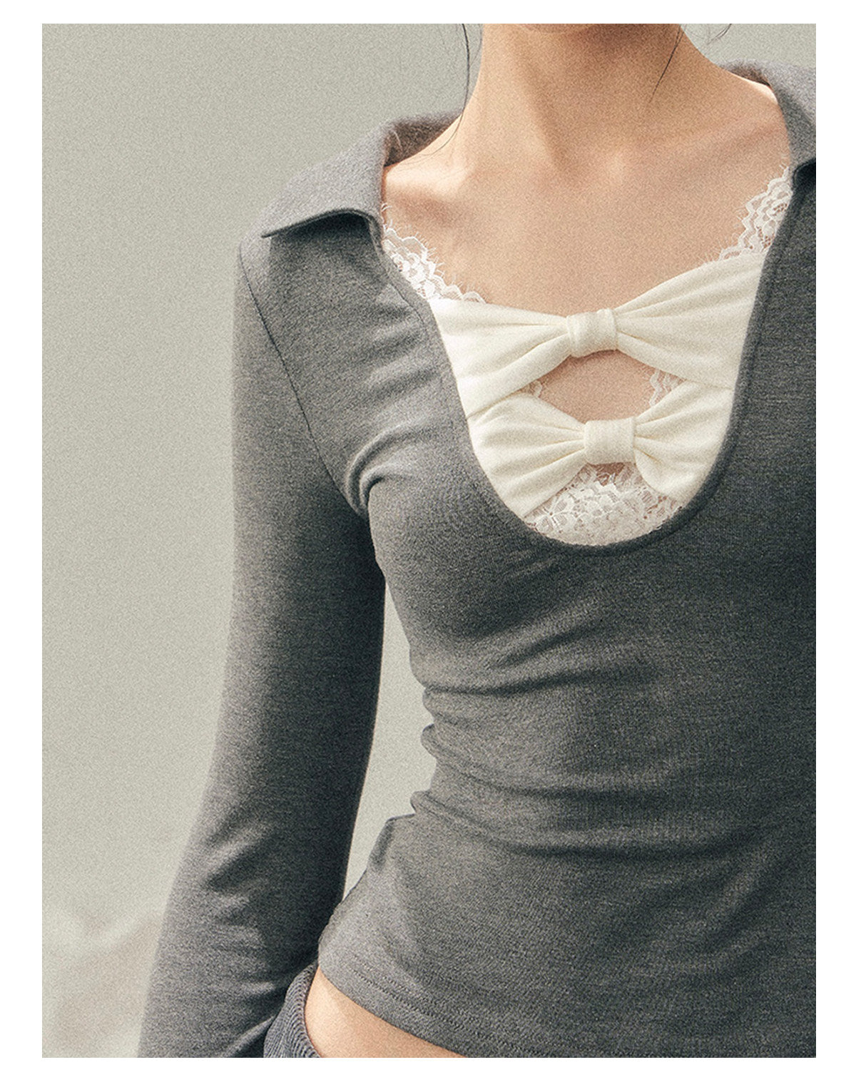 少也眼 “Silent Afterecho” Bow-Detail Top - Intellectual Gray