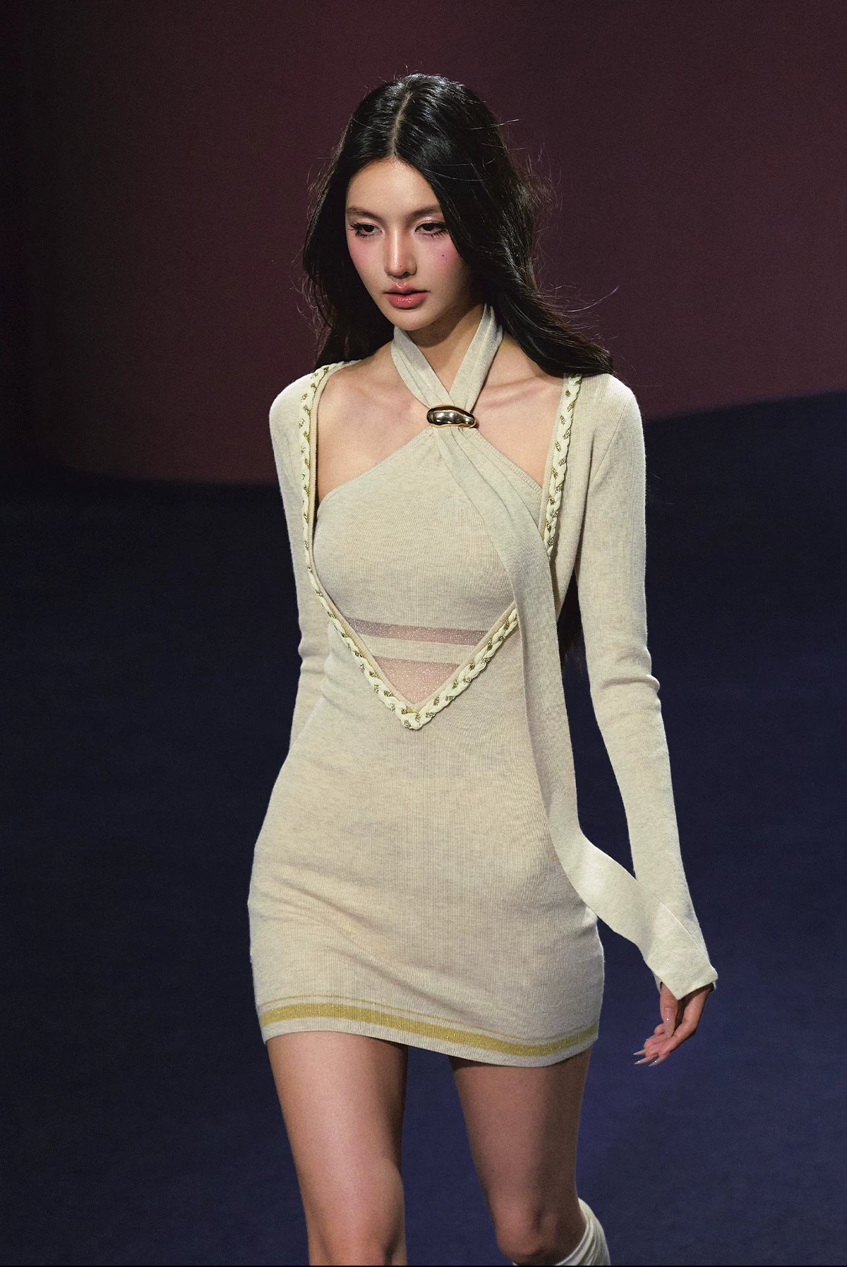 "Soft Sonata" Light Apricot Layered Sheer Knit Dress