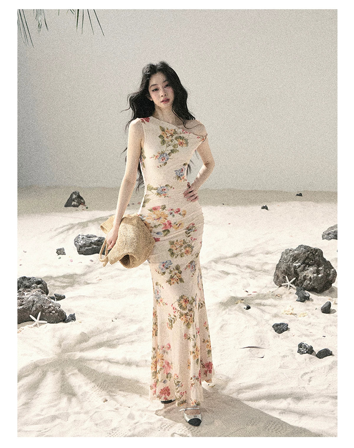 "Waiting for Blossoms" Dutch Cream Floral Mermaid Maxi Dress 43236