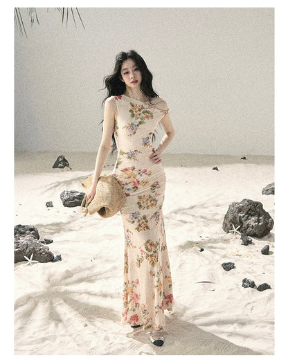 "Waiting for Blossoms" Dutch Cream Floral Mermaid Maxi Dress 43236