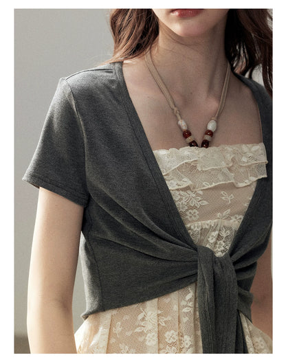 "Beyond the Morning Mist" Dutch Cream Lace Cami & Silver Mouse Gray Sheer Cardigan Set