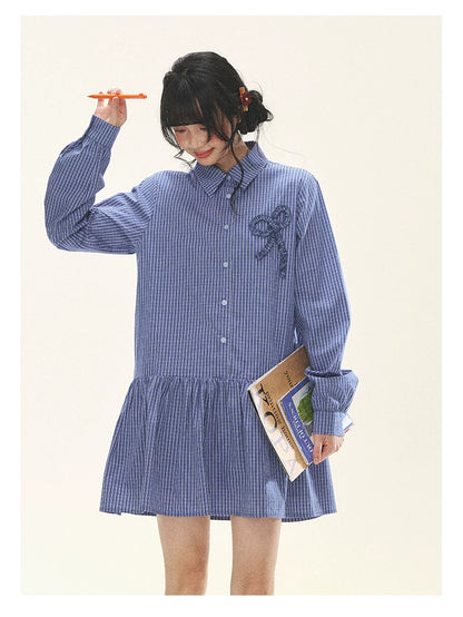 "Holiday Blues" Blue Plaid Bow Shirt Mini Dress