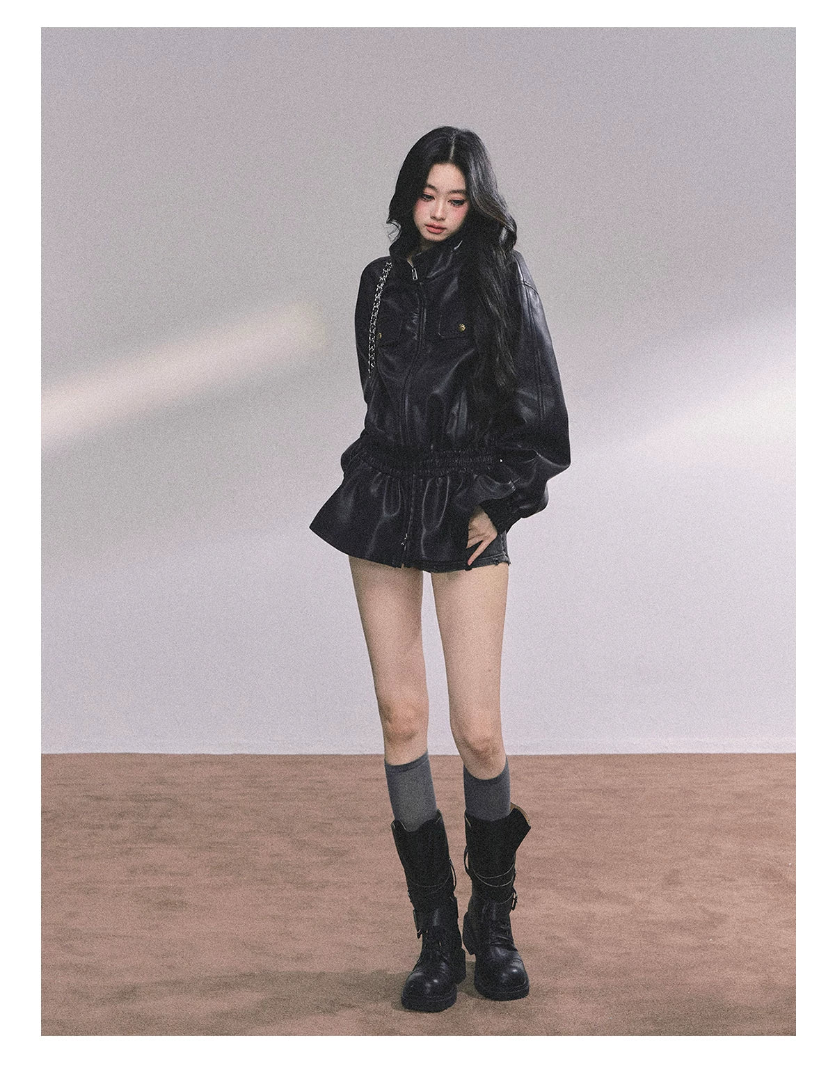 AOMALM - Burgundy PU Suede Jacket & A-Line Shorts Set