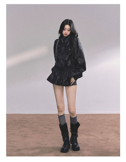AOMALM - Burgundy PU Suede Jacket & A-Line Shorts Set