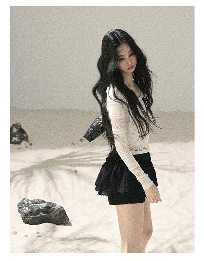 "Summer Shimmer Reverie" Creamy Oat White Lace Cutout Cardigan & Camisole Set 5864536513
