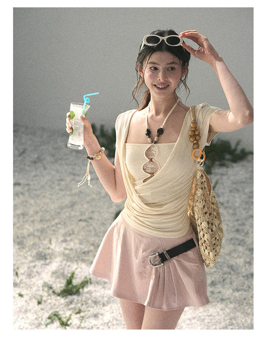 “Soft Veil Muse” Cream Apricot Layered Halter Lace Top