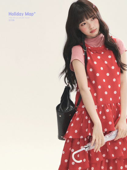 "Polka Dot Layers" Red Polka Dot Tiered A-Line Maxi Cami Dress