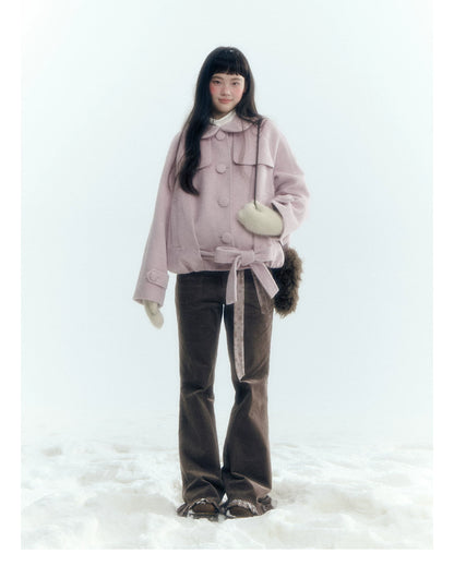 Horridale - Milk Tea Brown Floral Belt Corduroy Flare Pants