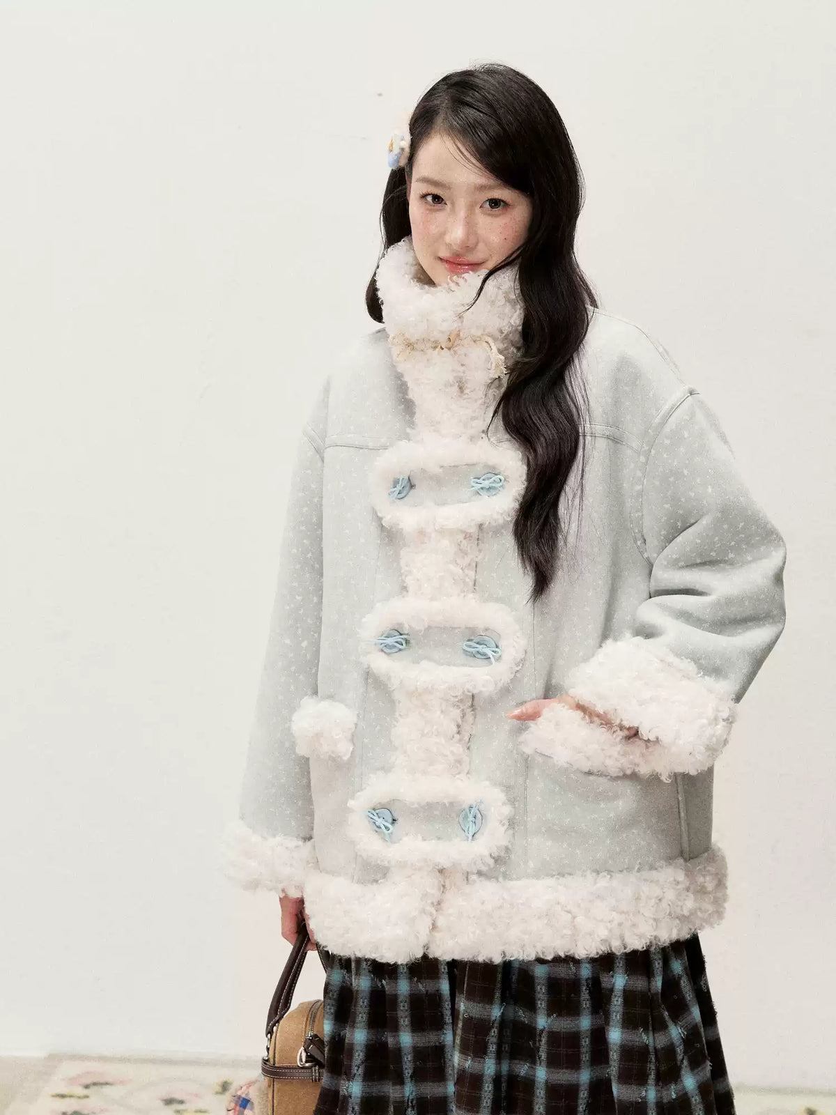 RF - Mist Blue Bow Print Suede-Look Jacket with Cream Curly Faux Fur Trim