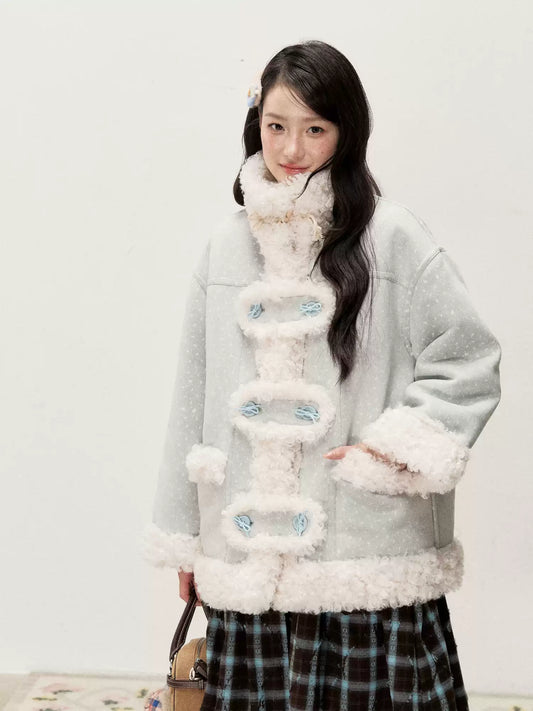 RF - Mist Blue Bow Print Suede-Look Jacket with Cream Curly Faux Fur Trim