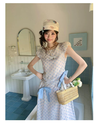 “Blue Mist Polka Reverie” Mist Blue Bow Lace Dress