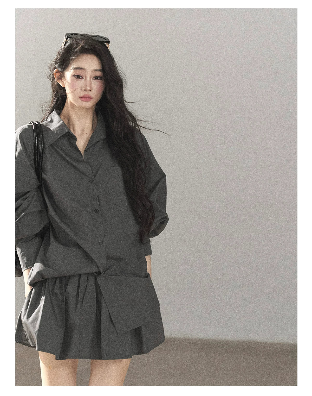 AOMALM - Thin Dusk Gray Bow-Back Shirt & Bubble Mini Skirt Set